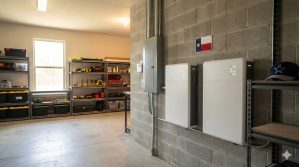 Home battery storage units installed in garage next to electrical panel for solar energy system