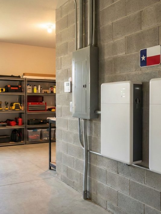 Home battery storage units installed in garage next to electrical panel for solar energy system