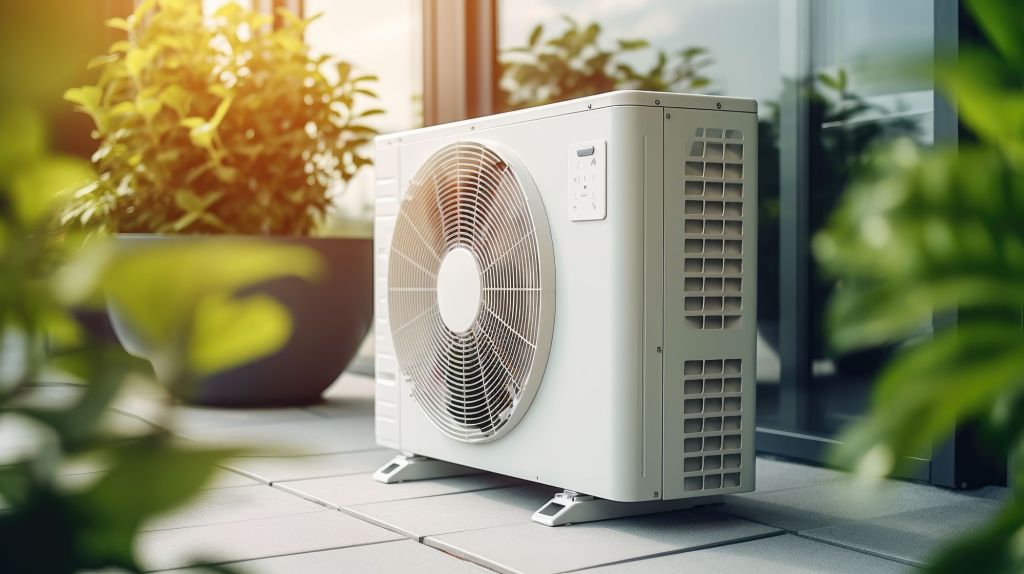 Residential air source heat pump outdoor unit on patio with sunlight and greenery for efficient climate control system