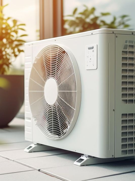 Residential air source heat pump outdoor unit on patio with sunlight and greenery for efficient climate control system